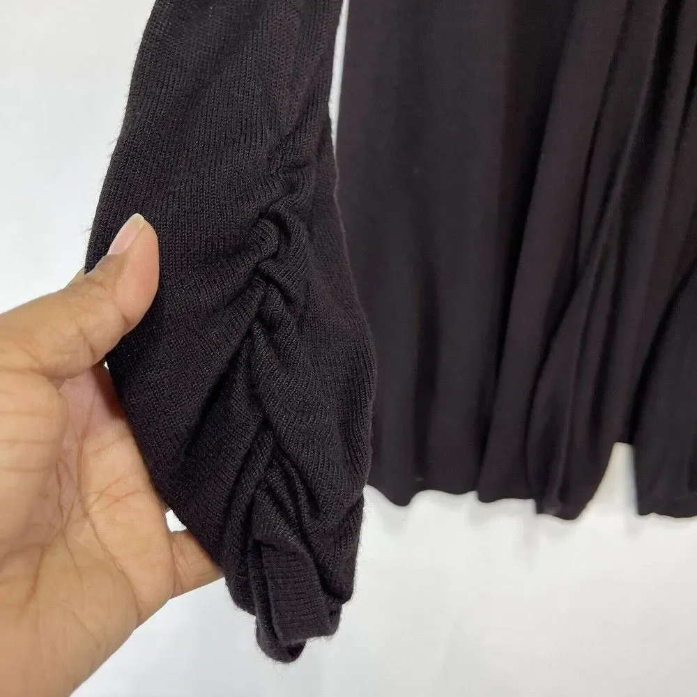 Premise Studio Women Cardigan L Brown Open Ruched Sleeve Cardigan Sweater